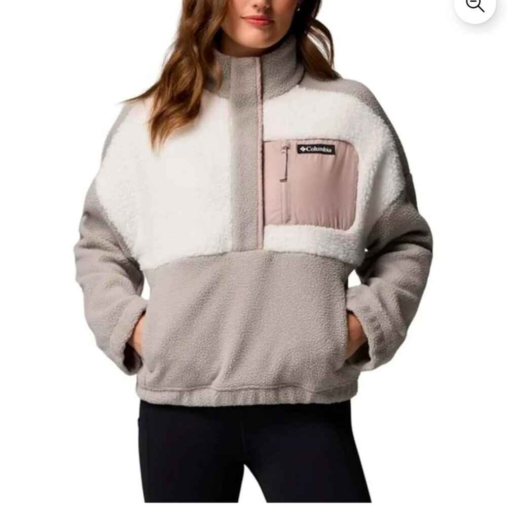 Columbia Women's Long Sleeve Cropped Fleece Pullover grey pink XXL 2X warm